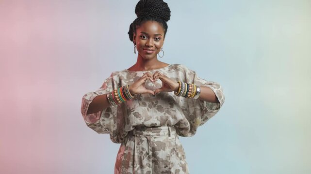 African woman in patterned outfit forms heart shape with hands, showcasing joy and connection against a softly colored background with a gradient effect