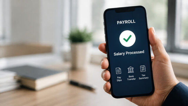 Mobile payroll application displaying successful salary processing confirmation on smartphone screen held by business employee