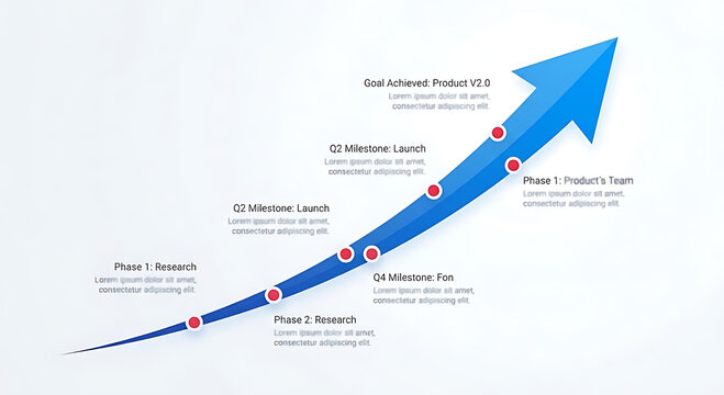 A graphic depiction of increasing business growth and achievement illustrated by a rising arrow with important milestone points along the way