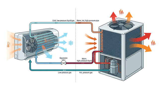 Diagram of a Heat Pump HVAC System Showing Cooling and Heating Cycles.