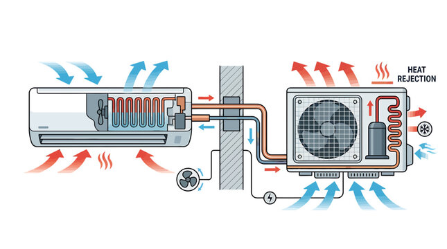 Diagram of a split system air conditioner working principle.