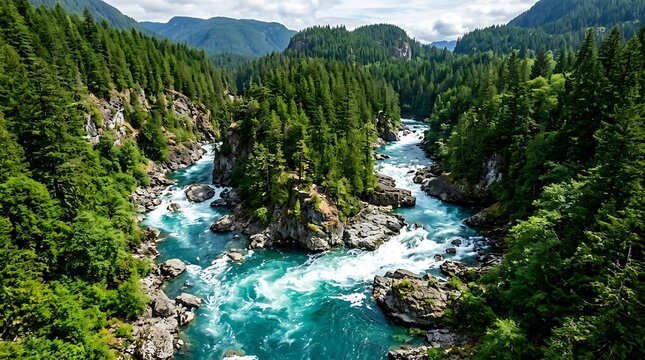 Scenic Turquoise River Flowing Through Lush Forest Canyon