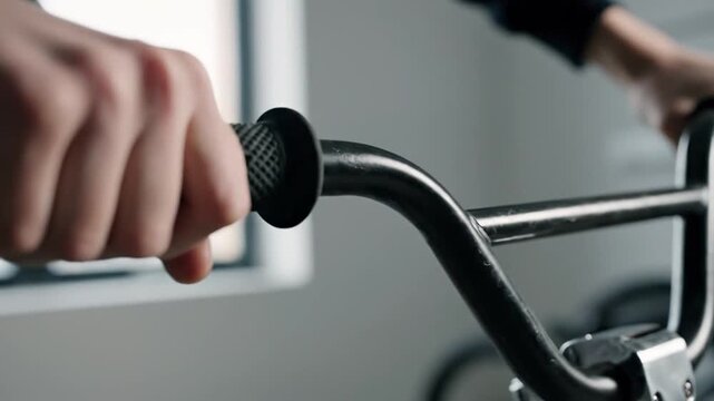 Close-up of man hand gripping black bicycle handlebar for control.