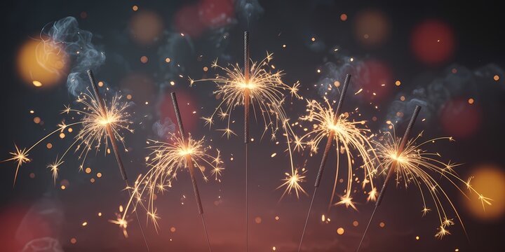 Photorealistic wide format cinematic composition with burning sparklers and glowing bokeh