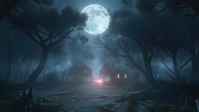 Dark forest scene with full moon illuminating two houses, surrounded by twisted trees and fog, creating an eerie atmosphere along the winding path