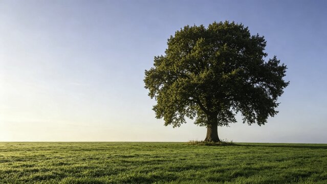 Solitary large tree with symmetrical shape on green field