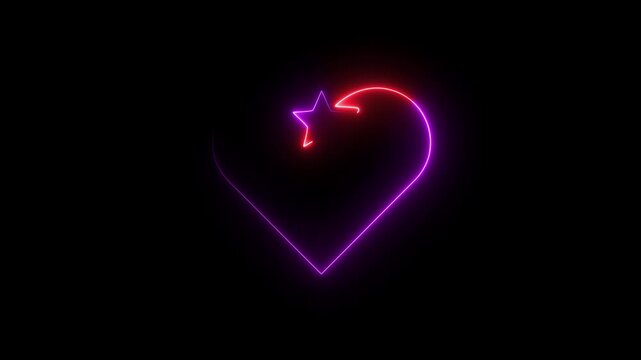 Glowing neon star and heart shape outline in vibrant pink and red against a dark black background