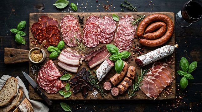 Gourmet Charcuterie Board with Salami, Prosciutto, Sausages, and Wine