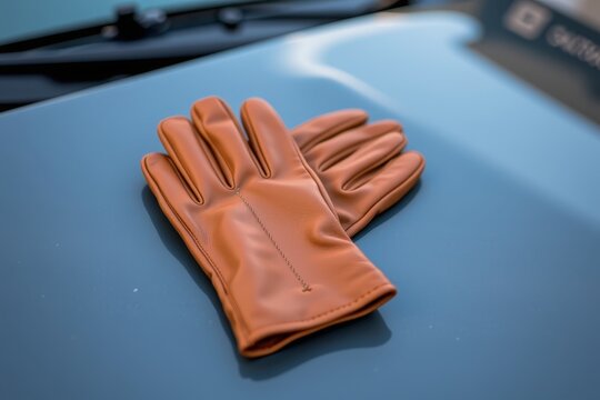 Brown leather gloves lie atop a smooth blue surface