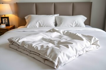 Obraz premium Neatly folded white duvet rests on a bed