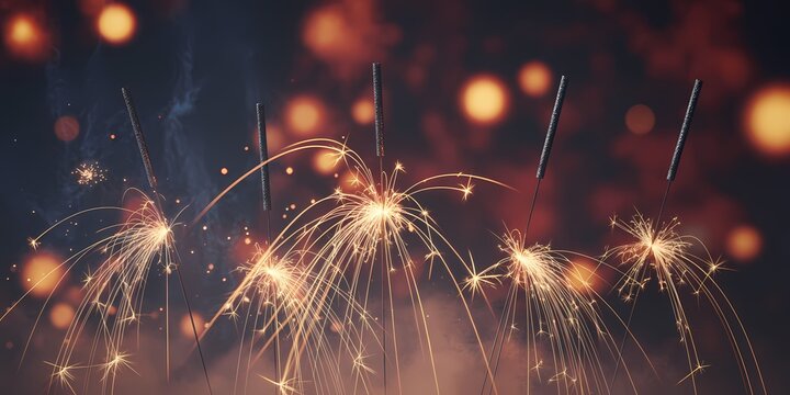 Bright sparklers emitting fiery sparks and light trails against a dark bokeh backdrop