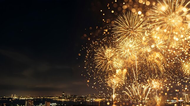 Golden fireworks exploding over illuminated city skyline.