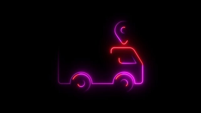Neon outline of a delivery truck with a cargo box and wheels glowing in red and purple on a black background