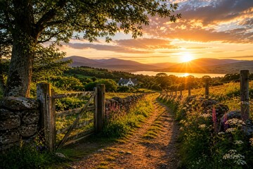 Obraz premium Country Path Through Rural Landscape at Golden Sunset 