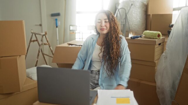 Woman resting hands behind head amid packed moving boxes and laptop in building apartment; new beginning relief.