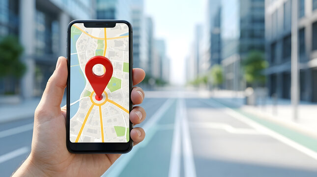 Hand Holding a Smartphone with a Red GPS Location Pin on Screen, Representing Real-Time Position Tracking, Navigation, Mapping, and Location Services