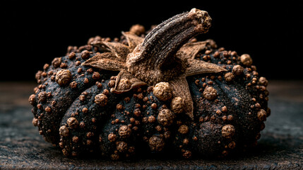Fototapeta premium Dark bumpy decorative warty pumpkin on wooden table surface background with bumpy gourd
