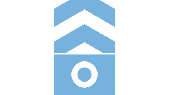 White banner featuring a repeating blue chevron zigzag arrow pattern with a bold outlined circle icon centered above a plain black stripe at bottom