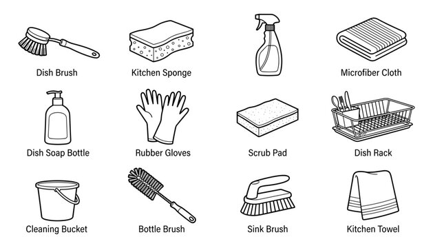 Kitchen Cleaning Tools Set with Dish Brush, Sponge, Gloves, and Rack