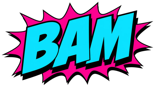 Retro comic book style illustration features the word BAM in bright blue and pink.