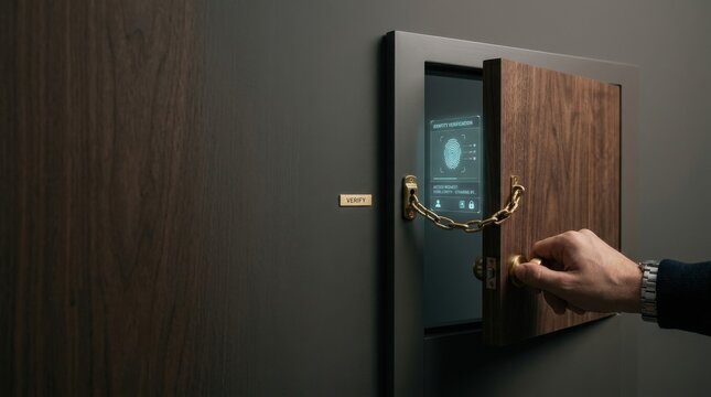 Visualization of zero trust security with hand opening door on chain to show controlled access and verification process