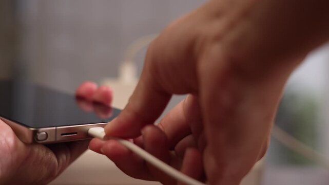 Close up shot of smartphone placed on left frame as hand plugs white USB cable, with copy space and power adapter blurred in background, mobile technology lifestyle concept.