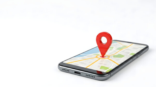 A red location pin is on a smartphone screen displaying a map. The phone is on a white surface, suggesting a location-based service or navigation app