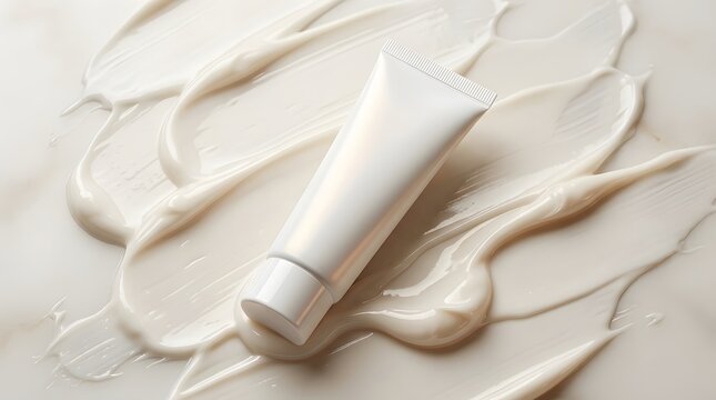 Blank white cream tube mockup resting on soft beige moisturizer texture with glossy strokes