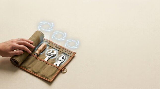 Person opening suitcase to visualize customer value proposition by providing compact offer for multiple practical needs