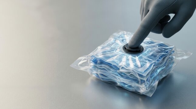 Person's hand touching a plastic object to visualize ai model compression by reducing size while preserving performance