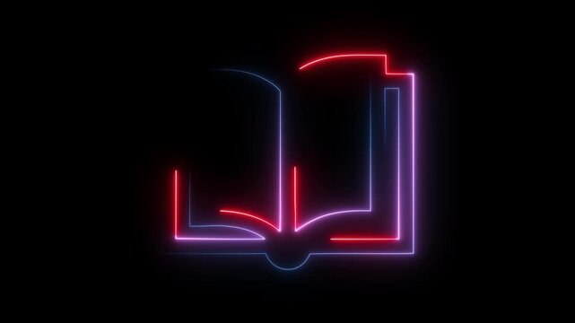 Open book with neon outline in red and purple glowing against a black background symbolizing knowledge