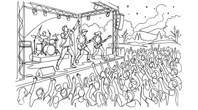 Live Band Performance on Outdoor Stage with Cheering Crowd, Line Art