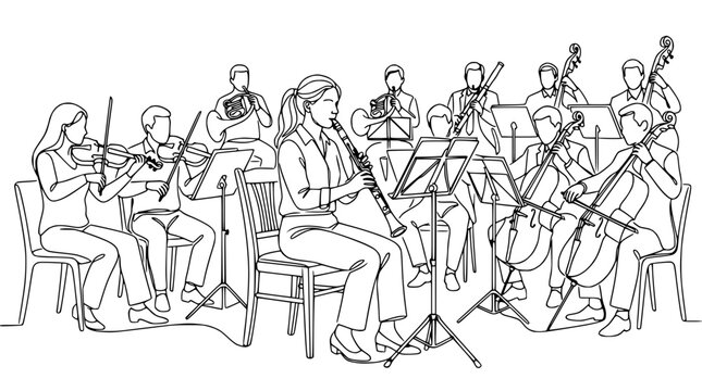 Orchestra Conducting and Playing Instruments, One Line Art Style