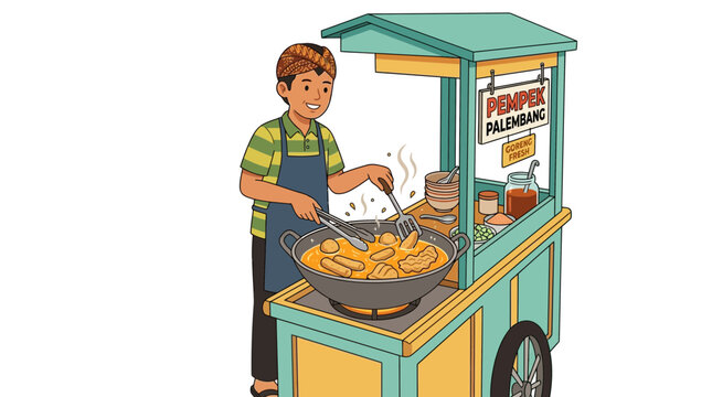 Street Food Vendor Cooking Fried Snacks at Cart
