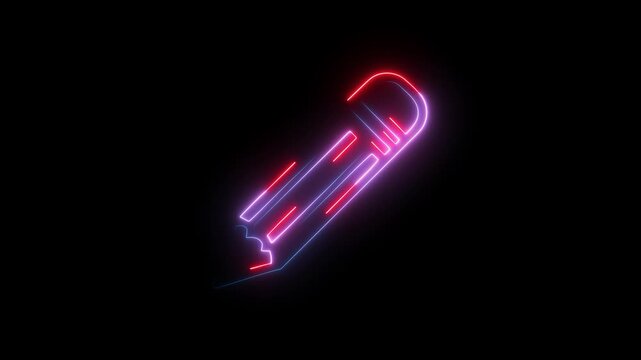 Sharp utility knife or box cutter with a neon outline in red and blue on a black background
