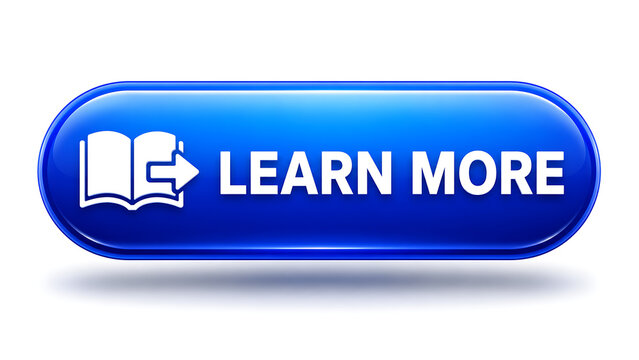 A glossy blue web button featuring a book icon and the text learn more.