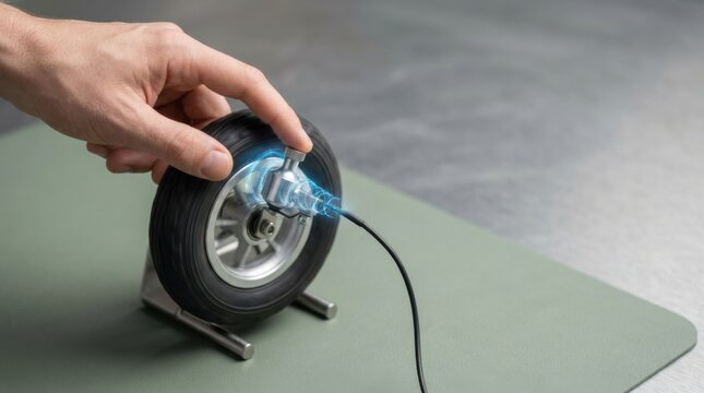 Hand holding wheel to represent energy efficiency by capturing motion energy through bicycle dynamo mechanism