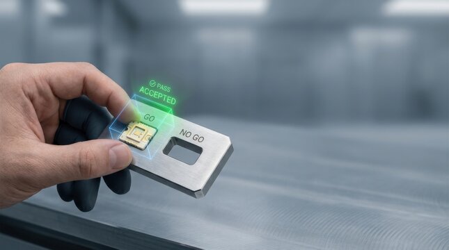 Hand holding a credit card for quality control visualizing the quick confirmation of acceptable tolerance in manufacturing