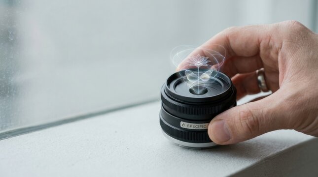Person rotating a camera lens aperture to visualize ai prompt specificity and achieve precise desired outputs