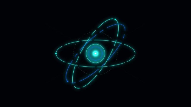 Futuristic glowing atom icon animation, neon blue particle orbit loops on black background, science technology motion graphic