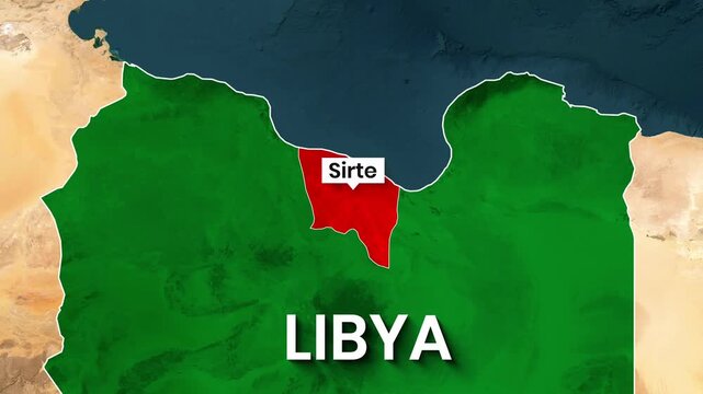 Animated map clip showing Sirte highlighted in red within Libya