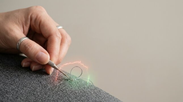 Hand using needle to thread loose fabric in effort to resolve customer complaint before it affects relationship