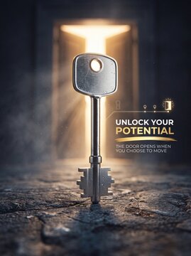 Silver metal key standing on stone floor with glowing open door background. Unlock your potential text. Business success and opportunity concept photo for corporate motivation