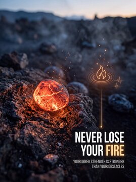 Glowing molten lava rock on volcanic terrain. Features burning orange cracks and embers. Never Lose Your Fire motivational text. Vertical orientation for social media stories
