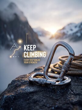 Climbing carabiners and rope on mountain peak. Motivational keep climbing text with infographics. Metal safety gear on rock with sunrise over snowy peaks and clouds background