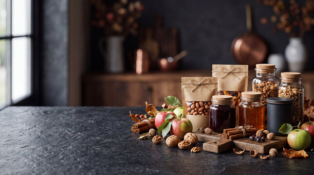 Rustic Autumn Food Gift Collection with Honey, Nuts, Apples and Cinnamon