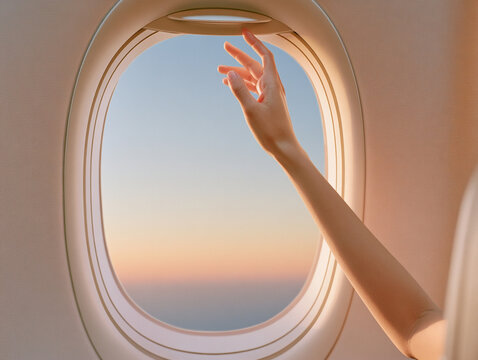 美しい夕焼け空が見える飛行機の窓のシェードに手を伸ばす旅行イメージ