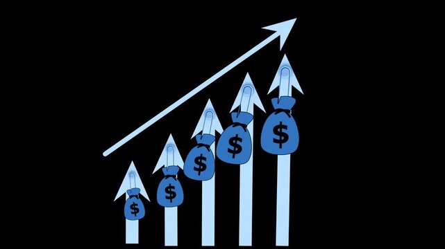 Upward financial growth chart animation, Stylized growth chart with five ascending bars and arrows