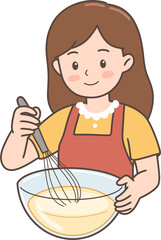 오븐 베이킹과 조리 등 주방에서 즐겁게 요리하는 에이프런 차림의 여성 캐릭터 © 현미 이