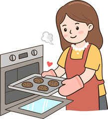 오븐 베이킹과 조리 등 주방에서 즐겁게 요리하는 에이프런 차림의 여성 캐릭터 © 현미 이